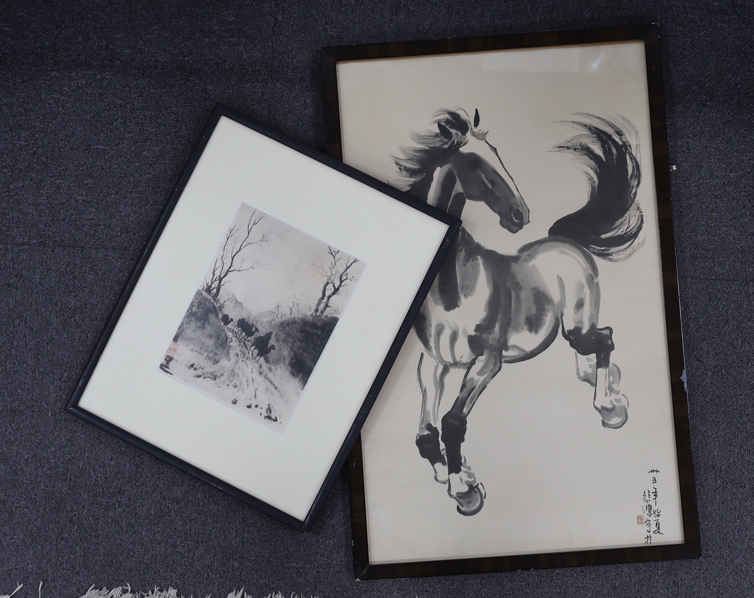 Two Chinese monochrome prints including one after Xu Beihong (1895-1953), Study of a horse, largest 64 x 39cm